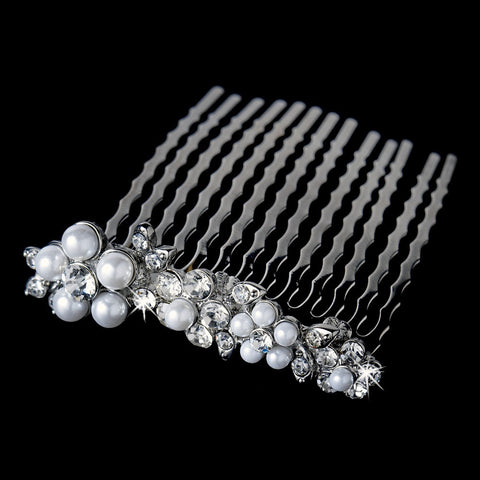 Lovely Silver Floral Bridal Wedding Hair Comb w/ Clear Rhinestones & White Pearls 8281