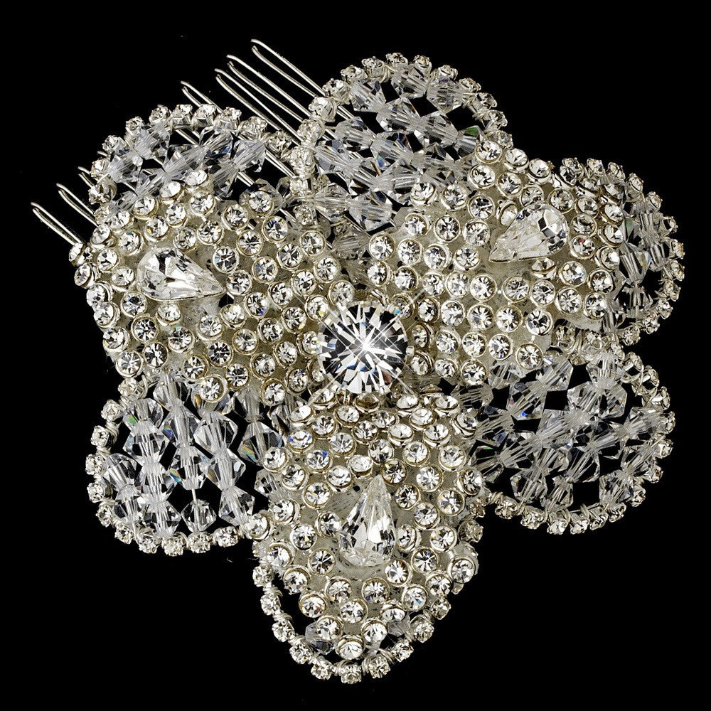 Stunning Swarovski Crystal & Silver Clear Rhinestone Flower Bridal Wedding Hair Comb 8355