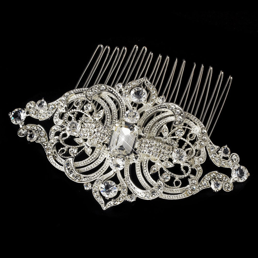 Antique Silver Clear Vintage Rhinestone Bridal Wedding Hair Comb 8356