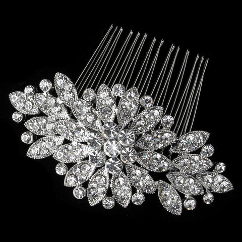 Rhodium Clear Rhinestone Flower Bridal Wedding Hair Comb 8370