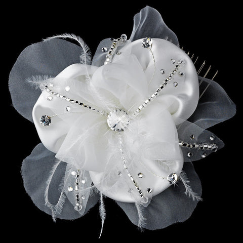 * Elegant Silky Matt Satin Bridal Wedding Flower Rhinestone Bridal Wedding Hair Comb - Bridal Wedding Hair Comb 8390 Ivory or White
