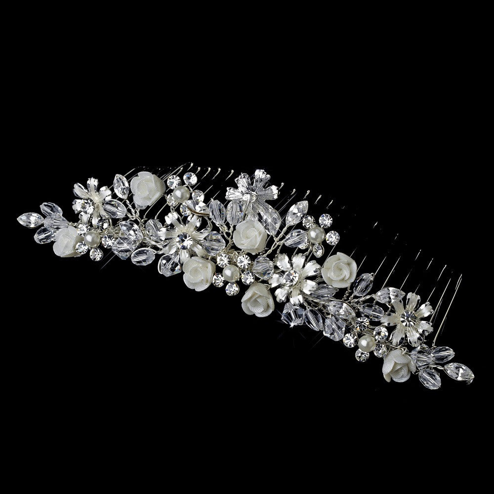 Crystal & Porcelain Floral Bridal Wedding Hair Comb 8431 Silver Ivory