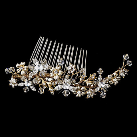 Striking Gold Floral Bridal Wedding Hair Comb w/ Austrian Crystals 8561
