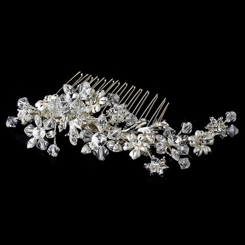 Striking Silver Floral Bridal Wedding Hair Comb w/ Austrian Crystals 8561