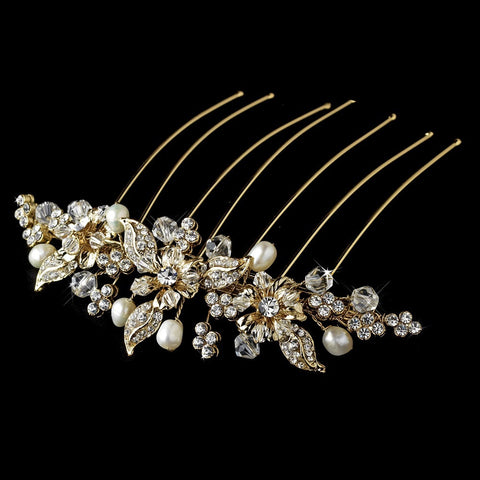 Stunning Gold Floral Bridal Wedding Hair Comb w/ Rhinestones & Swarovski Crystals 8837