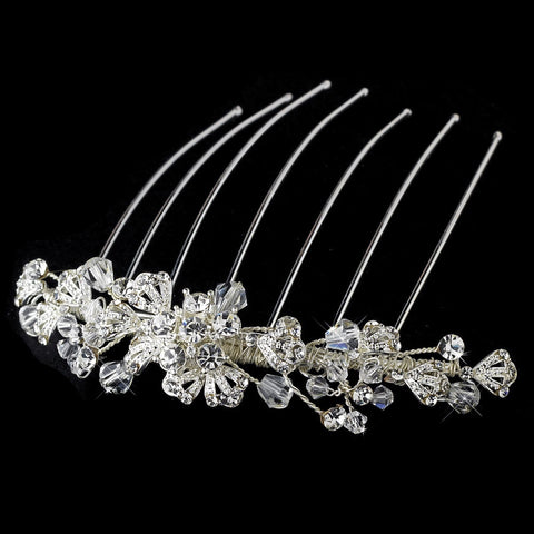 Fabulous Silver Floral Bridal Wedding Hair Comb w/ Clear Rhinestones & Swarovski Crystals 8838