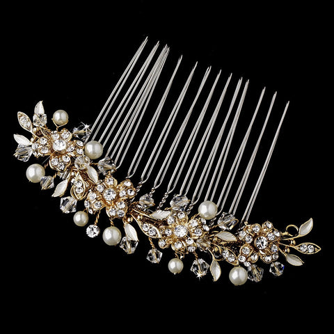 Exquisite Gold Floral Bridal Wedding Hair Comb w/ Clear Rhinestones & Austrian Crystals 8839