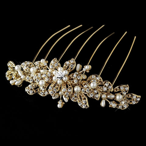 Gold Ivory Pearl & Clear Rhinestone Bridal Wedding Hair Comb 8911