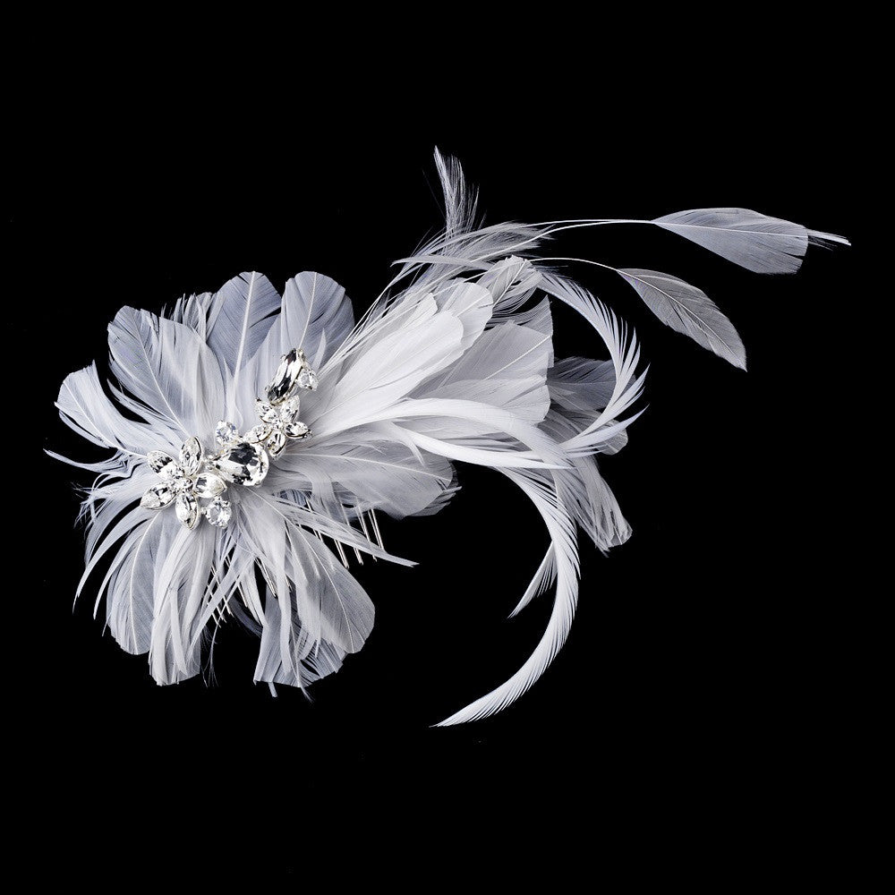 * Immaculate Diamond White Feather Bridal Wedding Hair Comb 8987