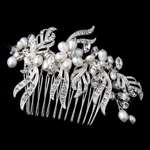 Lovely Silver Bridal Wedding Hair Comb w/ White Pearls & Clear Rhinestones 8988