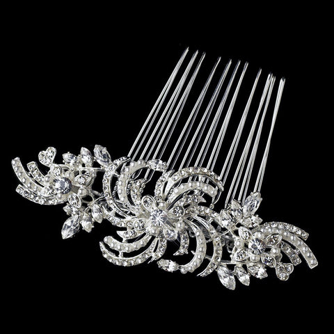 * Silver Clear Crystal & Pearl Bridal Wedding Hair Comb 906