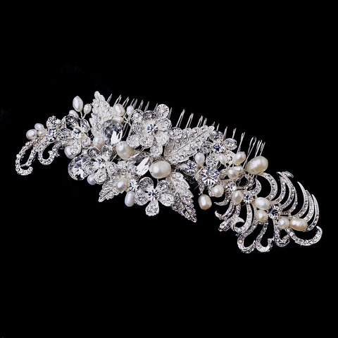 Silver Clear and Freshwater Pearl Bridal Wedding Hair Comb 913