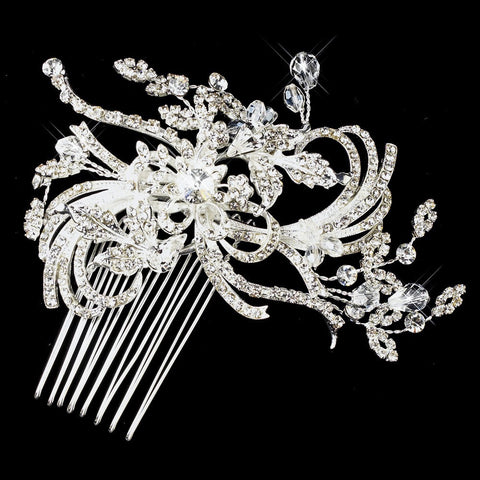 Silver Clear Austrian Crystal Swirl Flower Bridal Wedding Hair Comb 925