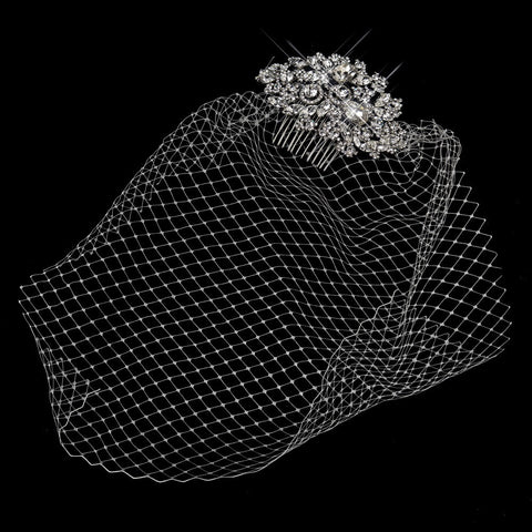 Cage Bridal Wedding Veil on Antique Silver Rhodium Multi Cut Crystal Side Bridal Wedding Hair Comb 933
