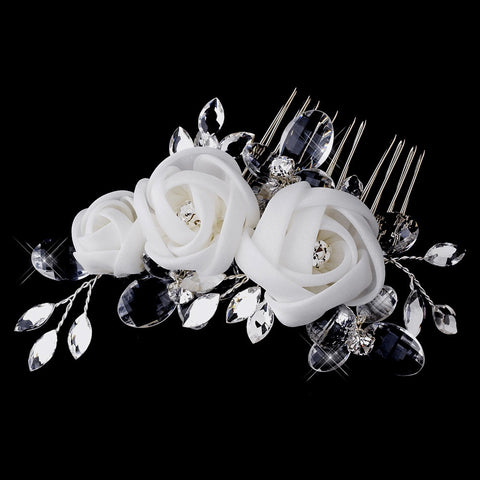 * Silver Crystal Ivory Chiffon Flower Bridal Wedding Hair Comb 942