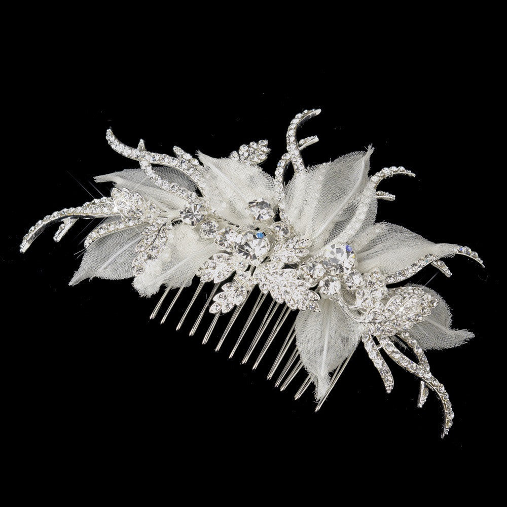 Silver Ivory Fabric & Rhinestone Side Bridal Wedding Hair Comb 9484