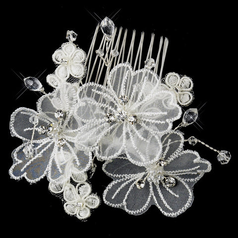 Silver Crystal Organza Flower Bridal Wedding Hair Comb 950