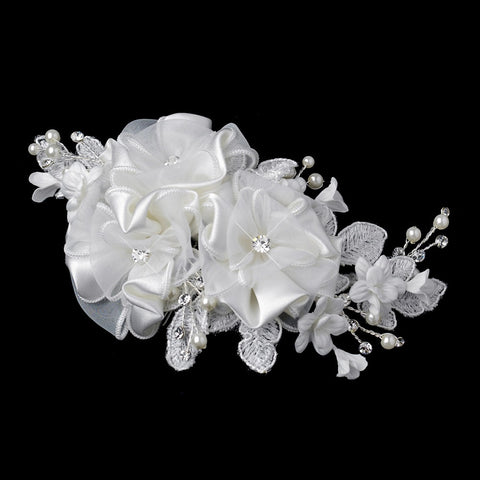 Silver Ivory Pearl & Rhinestone Accent Floral Bridal Wedding Hair Comb 9649