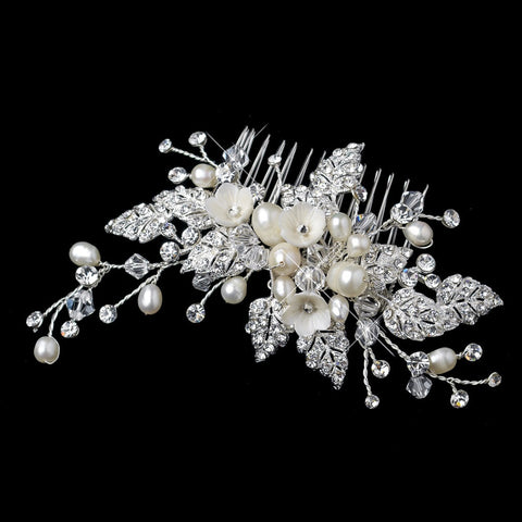 Diamond White Flower & Freshwater Pearl Bridal Wedding Hair Comb with Silver Pave Rhinestone Leaves 9657