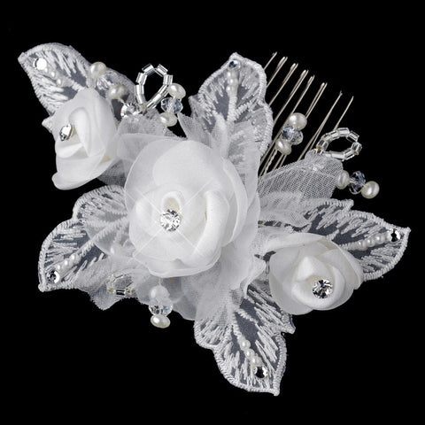 Diamond White Pearl & Swarovski Crystal & Bugle Bead Sheer Organza Fabric Flower Bridal Wedding Hair Comb 9718
