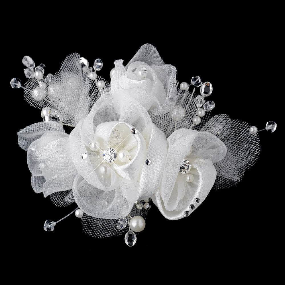 Diamond White Pearl, Swarovski Crystal Bead, Rhinestone & Chiffon Satin Mesh Sheer Organza Fabric Flower Bridal Wedding Hair Comb 9719