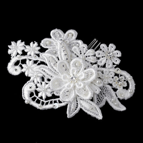 * Diamond White Pearl, Glass Bead Fabric Flower Bridal Wedding Hair Comb 9722
