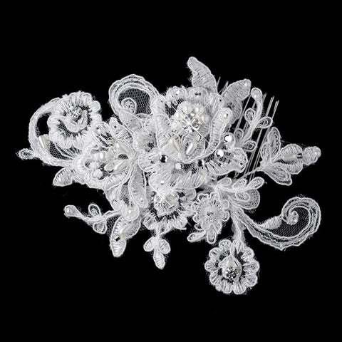 * Diamond White Pearl, Rhinestone & Bugle Bead Embroidered Mesh Fabric Flower Bridal Wedding Hair Comb 9723