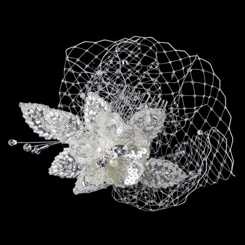 Freshwater Pearl, Swarovski Crystal, Bead & Sequin Diamond White Flower Sheer Organza Fabric Bridal Wedding Hair Comb 9725 w/ Tulle Russian Bridal Wedding Veiling