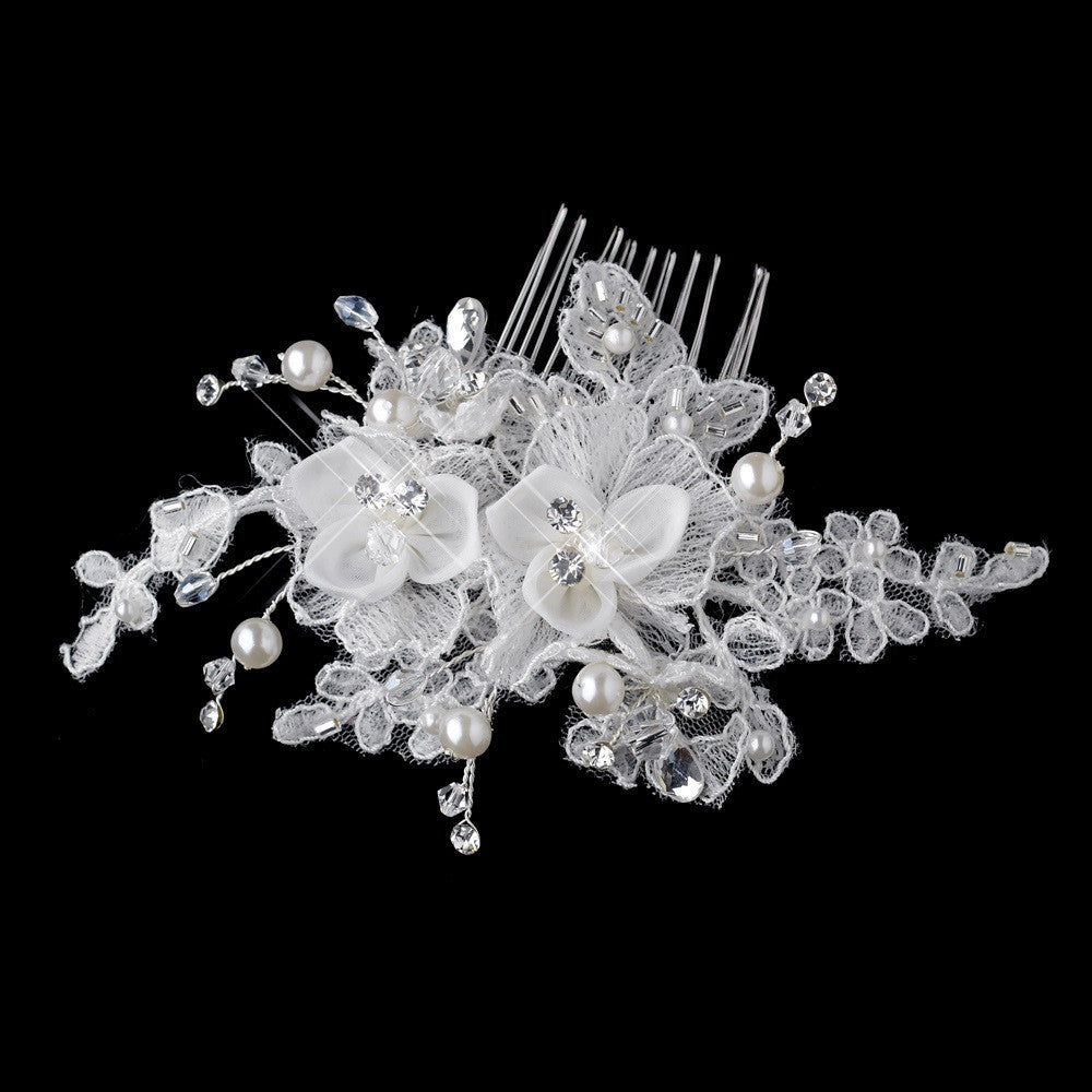 Swarovski Crystal Bead & Diamond White Pearl Fabric Flower Bridal Wedding Hair Comb 9726