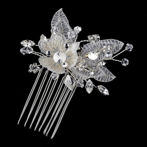 Silver Clear Swarovski Crystal, Bugle Bead & Rhinestone Diamond White Embroidered Fabric Flower Bridal Wedding Hair Comb 9728