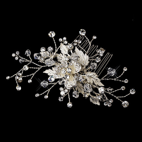 Glistening Silver Floral Bridal Wedding Hair Comb w/ Clear Rhinestones & Swarovski Crystals 9802