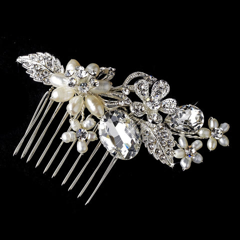 Charming Silver Floral Bridal Wedding Hair Comb w/ Clear Crystals & Rhinestones 9804