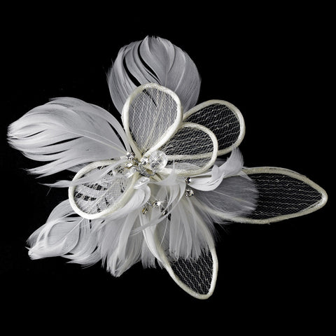 * Fabulous White or Ivory Flower Bridal Wedding Hair Comb w/ Feathers & Clear Rhinestones 9808