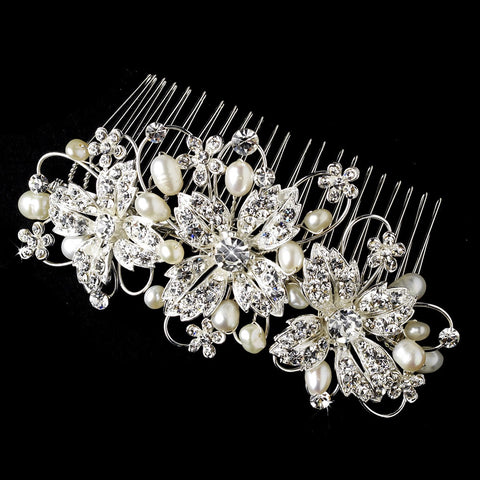 Delightful Silver Floral Bridal Wedding Hair Comb w/ Clear Rhinestones & Ivory Freshwater Pearls 9814