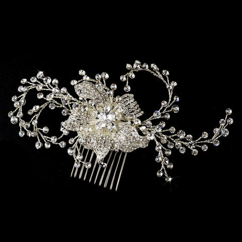 * Couture Silver Clear Rhinestone & Crystal Flower Bridal Wedding Hair Comb 9817