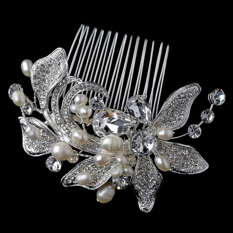 Silver Freshwater Pearl & Rhinestone Floral Bridal Wedding Hair Comb