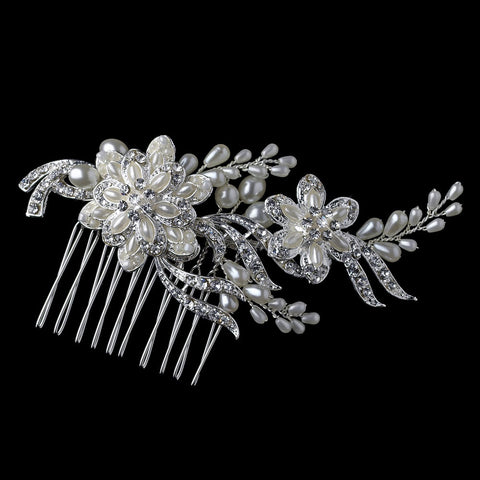 Silver Diamond White Pearl & Rhinestone Floral Vine Bridal Wedding Hair Comb