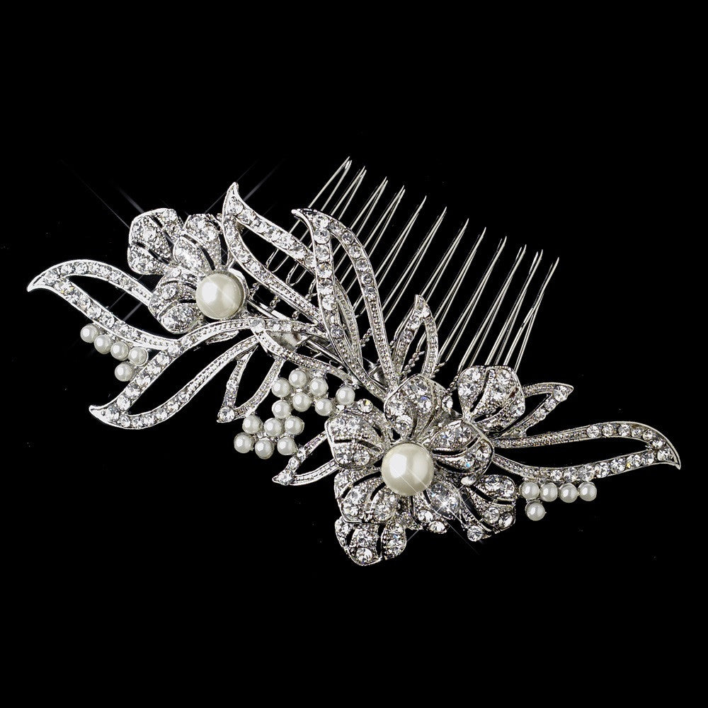 Antique Silver Diamond White Pearl & Rhinestone Floral Vine Bridal Wedding Hair Comb 9876