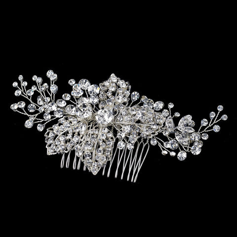 Silver Clear Rhinestone Bridal Wedding Hair Comb 9878 with Leaves