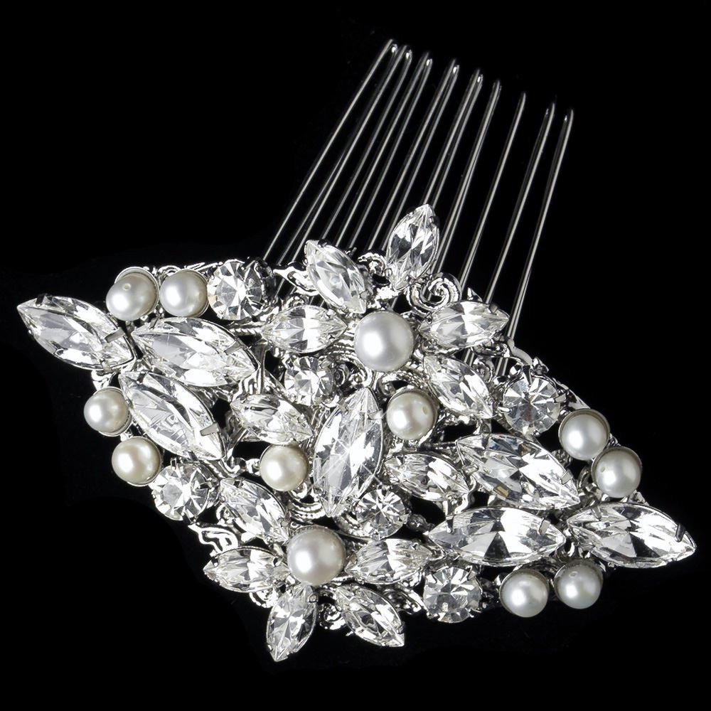 Rhodium Freshwater Pearl & Rhinestone Bridal Wedding Hair Comb 9884