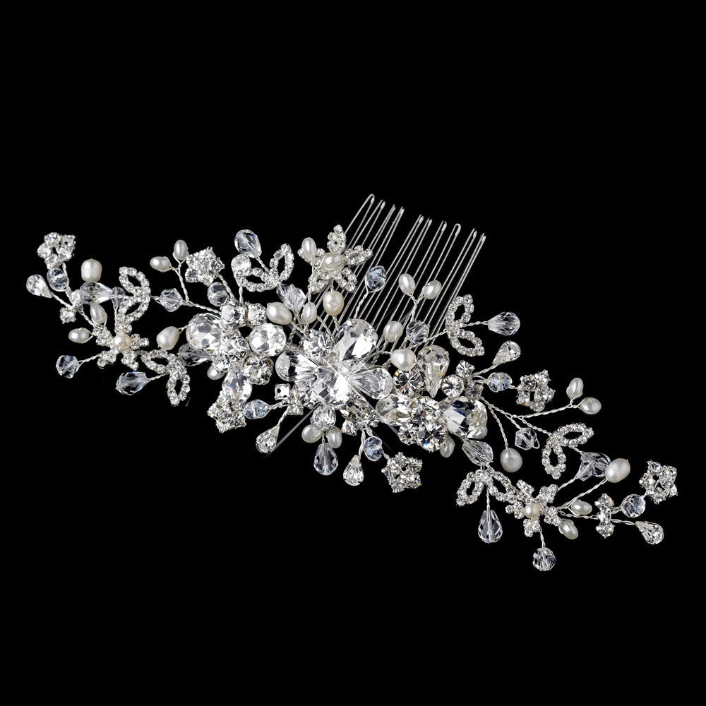 Silver Freshwater Pearl, Crystal & Rhinestone Bridal Wedding Hair Comb 9900