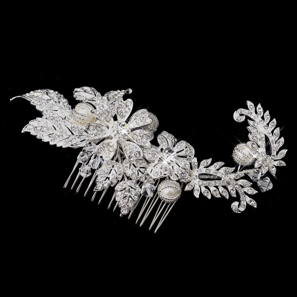 * Silver Rhinestone, Crystal & Ivory Pearl Bridal Wedding Hair Comb 9914