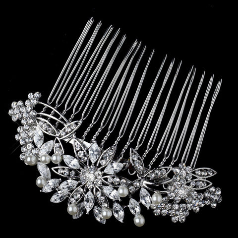 Rhodium Diamond White Pearl & Rhinestone Floral Bridal Wedding Hair Comb 9951