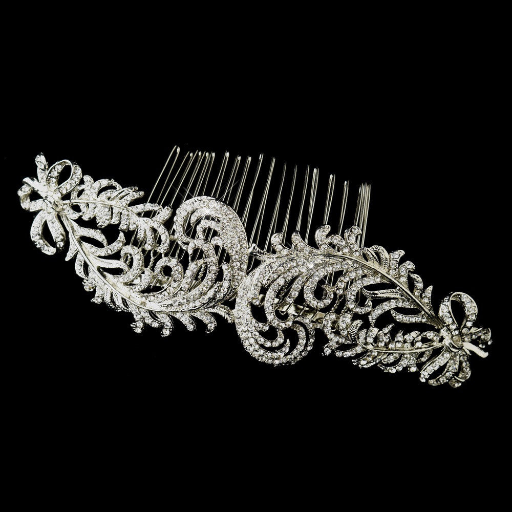 Antique Silver Plating with Clear Rhinestones on a Floral Design Side Bridal Wedding Hair Comb 9984