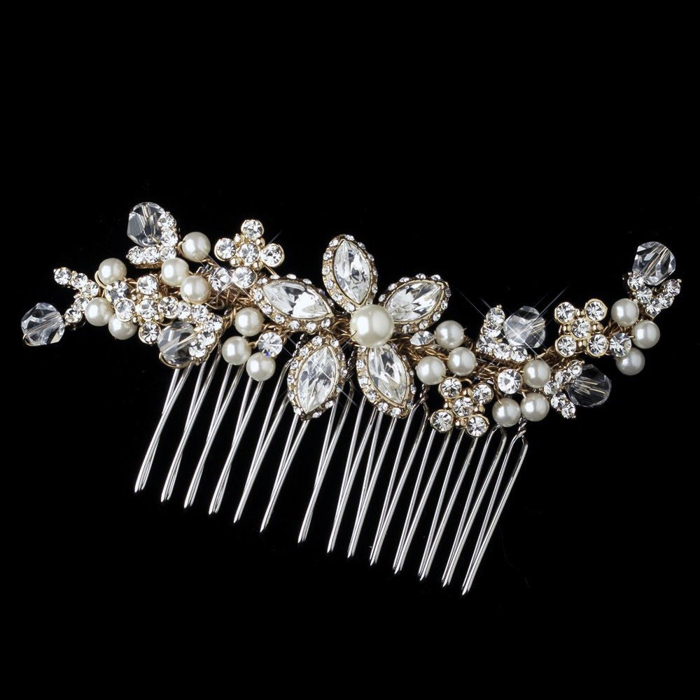 Gold Ivory Pearl, Swarovski Crystal Bead, Rondelle & Rhinestone Floral Bridal Wedding Hair Comb 9989