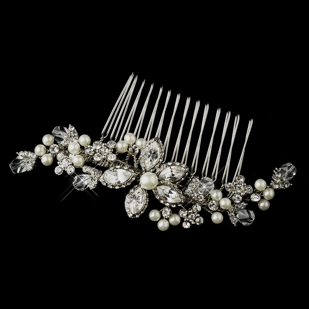 Antique Silver Ivory Pearl, Clear Swarovski Crystal & Rhinestone Side Bridal Wedding Hair Comb 9989