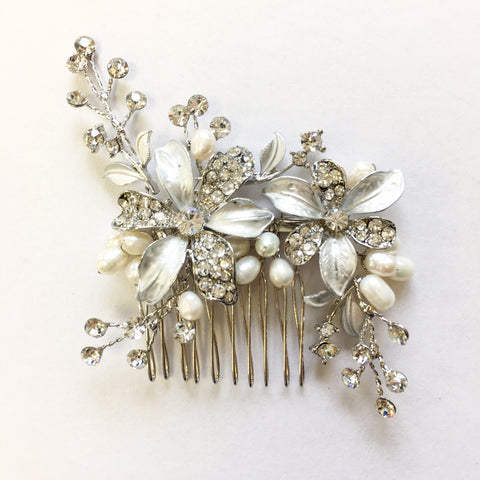Rhodium Bridal Wedding Hair Comb with Rhinestones & Freshwater Pearls