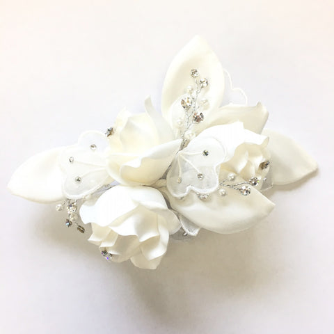 Ivory Fabric Flower Bridal Wedding Hair Comb with Rhinestones & Pearls