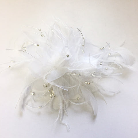 White Sheer Organza Feather Fascinator Bridal Wedding Hair Comb with Clear Rhinestones & Beads