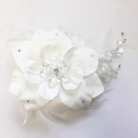 Diamond White Matte Satin Feather Fascinator Bridal Wedding Hair Comb with Clear Rhinestones & Crystals